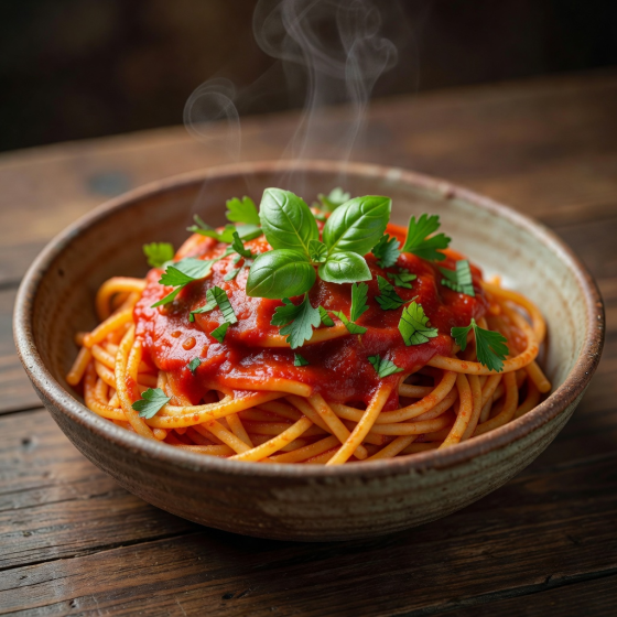 A bowl of pasta coated in sauce and finished with fresh green herbs.